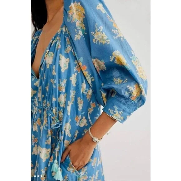 NEW Free People Carmella Mini Dress Blue Floral River Combo Boho Size XS - Picture 5 of 15